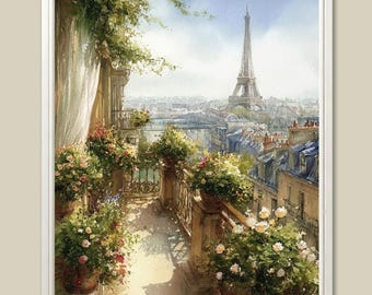 May include: Watercolor painting of a Parisian balcony overlooking the Eiffel Tower. The balcony is adorned with potted flowers in shades of pink, red, and white. A white curtain hangs on the left, and the sky is a soft blue.