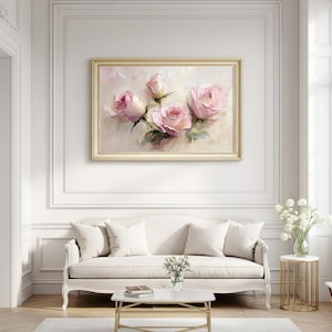 May include: A framed oil painting featuring a bouquet of pink roses. The artwork showcases five roses in various stages of bloom, with green leaves against a soft, light background. The painting is in a gold frame, suitable for home decor.