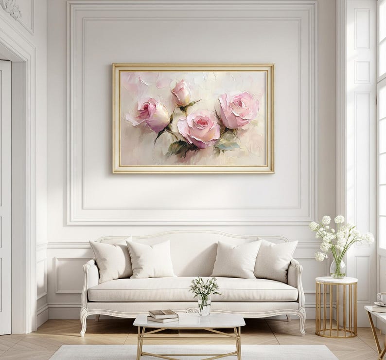May include: A framed oil painting featuring a bouquet of pink roses. The artwork showcases five roses in various stages of bloom, with green leaves against a soft, light background. The painting is in a gold frame, suitable for home decor.