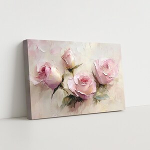 May include: A canvas print featuring a floral still life. The artwork showcases four pink roses and a bud, with green leaves against a textured, light-colored background. The painting has a soft, romantic aesthetic.