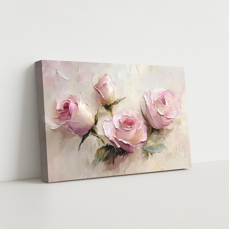 May include: A canvas print featuring a floral still life. The artwork showcases four pink roses and a bud, with green leaves against a textured, light-colored background. The painting has a soft, romantic aesthetic.