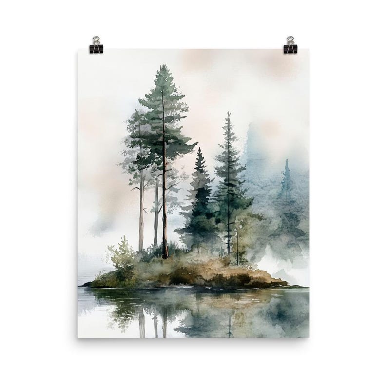Misty Forest Lake Art Print: Watercolor Pine Tree Landscape Matte Print Only