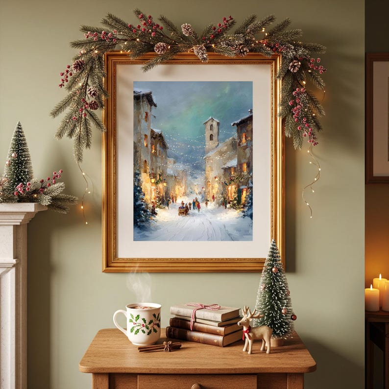 Puede incluir: Un cuadro enmarcado de una escena invernal con un marco dorado cuelga sobre una mesa de madera. Una guirnalda con pi&ntilde;as y bayas adorna el marco. Sobre la mesa hay una taza decorada con acebo, libros, un peque&ntilde;o &aacute;rbol de Navidad y una figura de reno.
