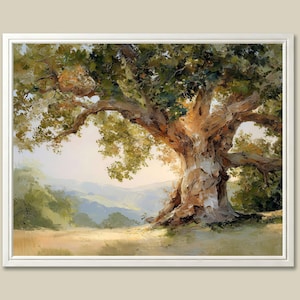 May include: Oil painting of a large oak tree with a textured trunk and lush green leaves, set against a backdrop of rolling hills and a soft, golden light. The artwork is framed in a white border.