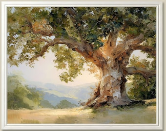 Old Oak Tree Art Print Oil Painting Sunlit Meadow Landscape Wall Art Rustic Nature Decor
