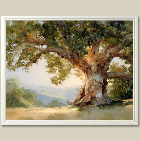 Old Oak Tree Art Print Oil Painting Sunlit Meadow Landscape Wall Art Rustic Nature Decor