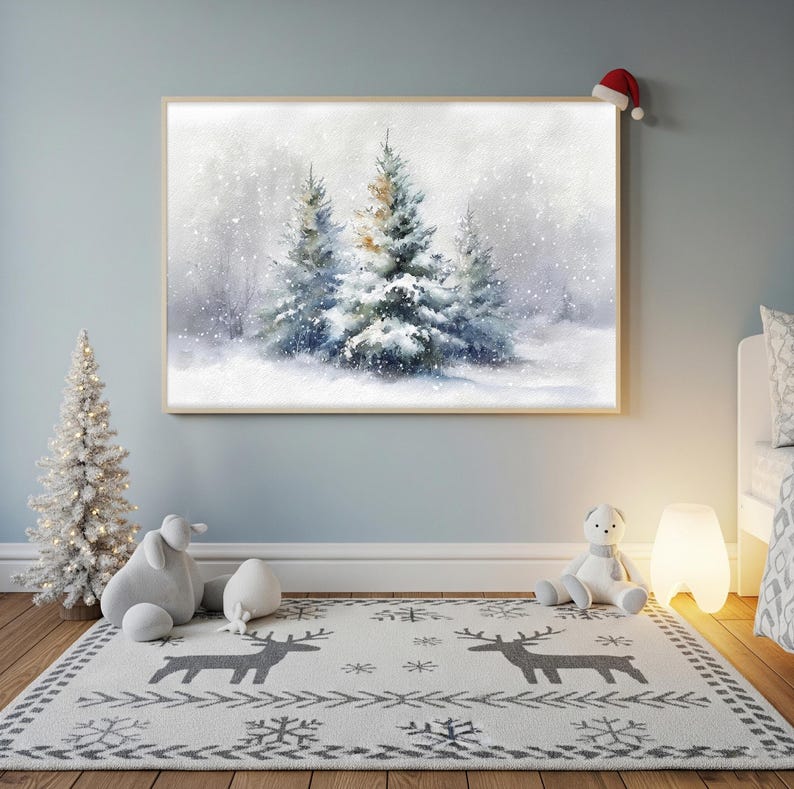May include: A framed watercolor painting depicts a snowy winter scene with evergreen trees. The artwork is displayed above a rug with a reindeer and snowflake pattern. A small Christmas tree and stuffed animals are in the foreground.