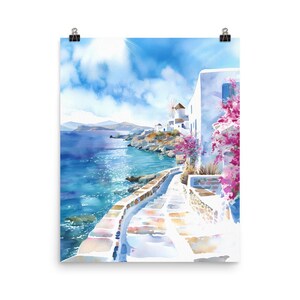 Mykonos Watercolor Art Print: Greek Island Seascape Travel Poster Matte Print Only