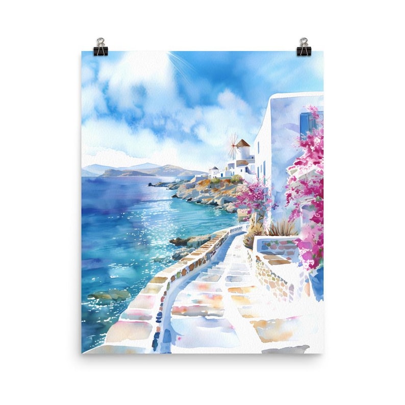 Mykonos Watercolor Art Print: Greek Island Seascape Travel Poster Matte Print Only