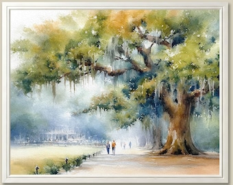Savannah Forsyth Park Watercolor Art Print: Live Oak & Spanish Moss