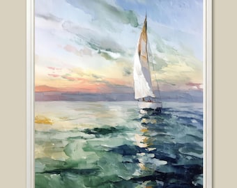 Sailboat Art Print Lake Landscape Painting Seascape Neutral Wall Art Sunset Poster Nautical Artwork Ocean Wall Decor