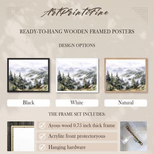 May include: Ready-to-hang wooden framed posters with a watercolor landscape scene. Design options include black, white, and natural frames. The frame set includes an Ayous wood 0.75 inch thick frame, Acrylite front protector, and hanging hardware.