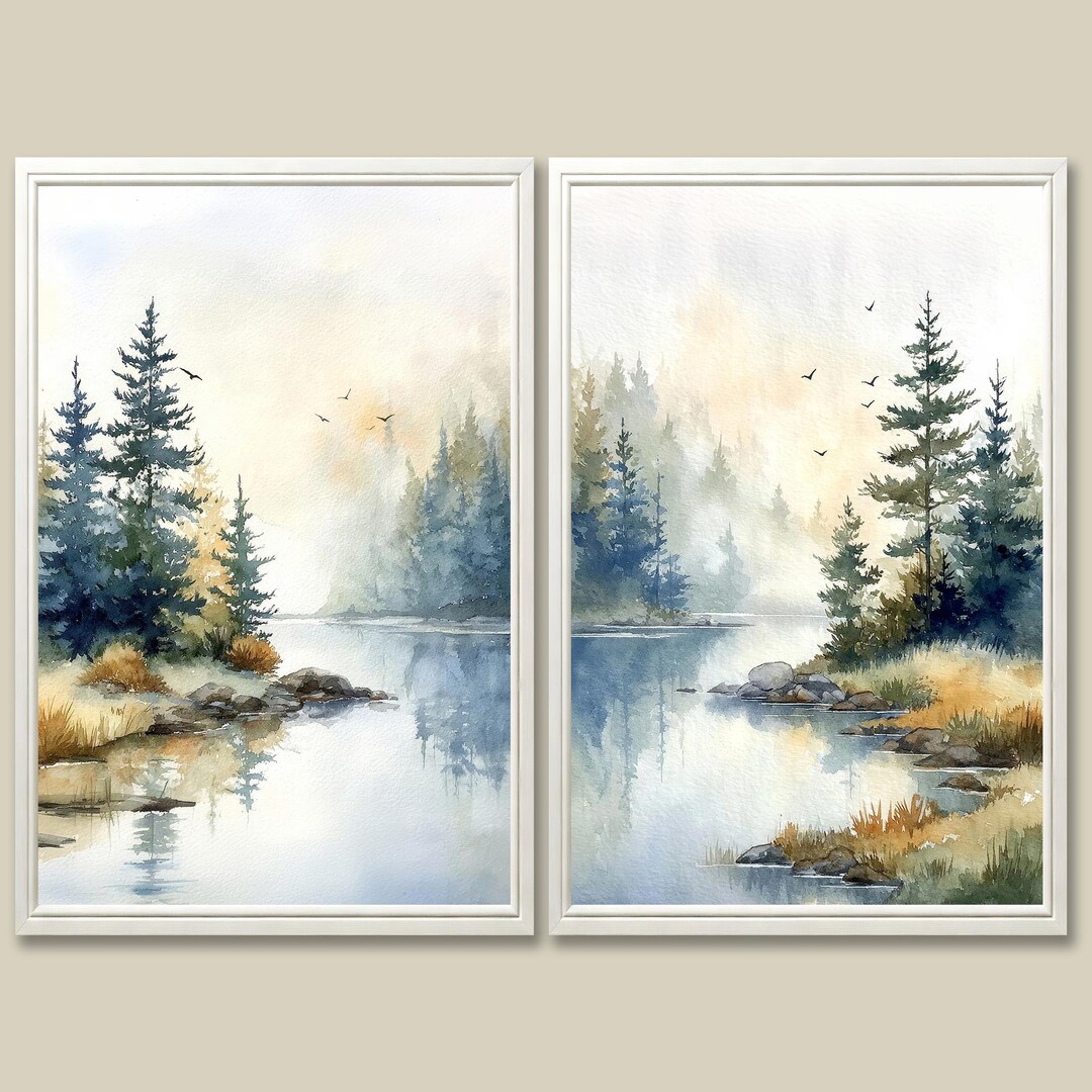Pine Forest Watercolor Art Print Set: Foggy Lake Landscape Wall Decor ...
