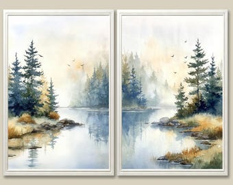 Pine Forest Watercolor Art Print Set: Foggy Lake Landscape Wall Decor