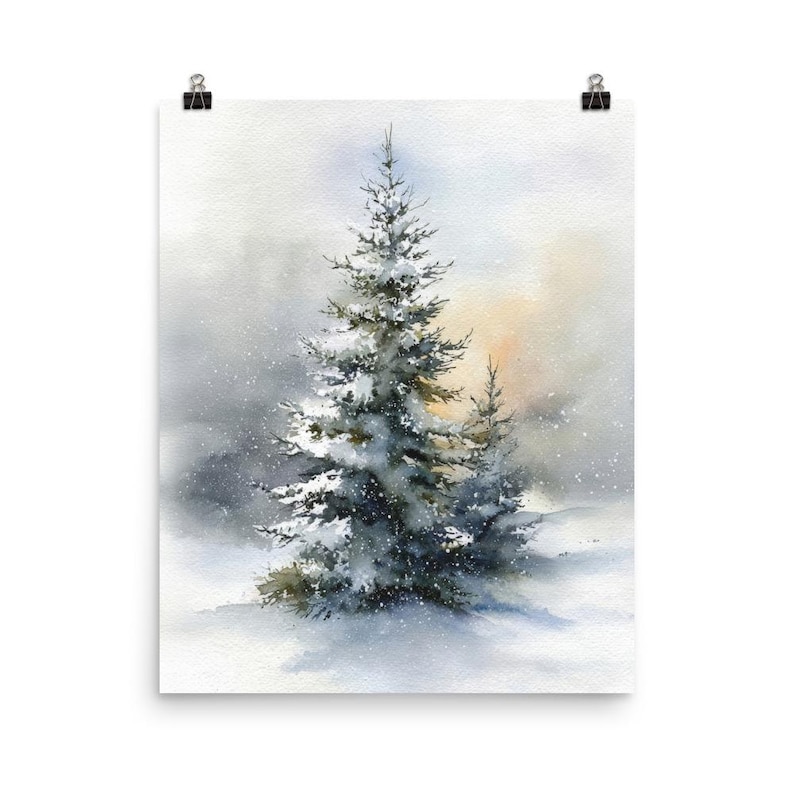 Snowy Pine Tree Watercolor Art Print - Winter Forest Landscape - Etsy