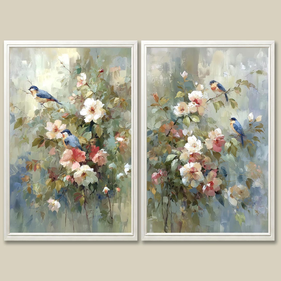Bluebirds Art Print Set: Vintage Chinoiserie Floral & Bird Wall Art - Etsy