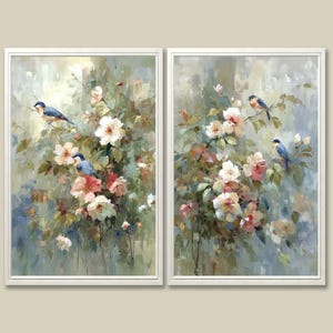 Bluebirds Art Prints Set: Chinoiserie Floral Botanical Wall Art