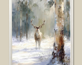 Deer in Snowy Birch Forest Art Print: Alaska Winter Landscape