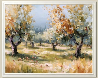 Apple Orchard Oil Painting Print Autumn Harvest Landscape Wall Art Rustic Farmhouse Decor