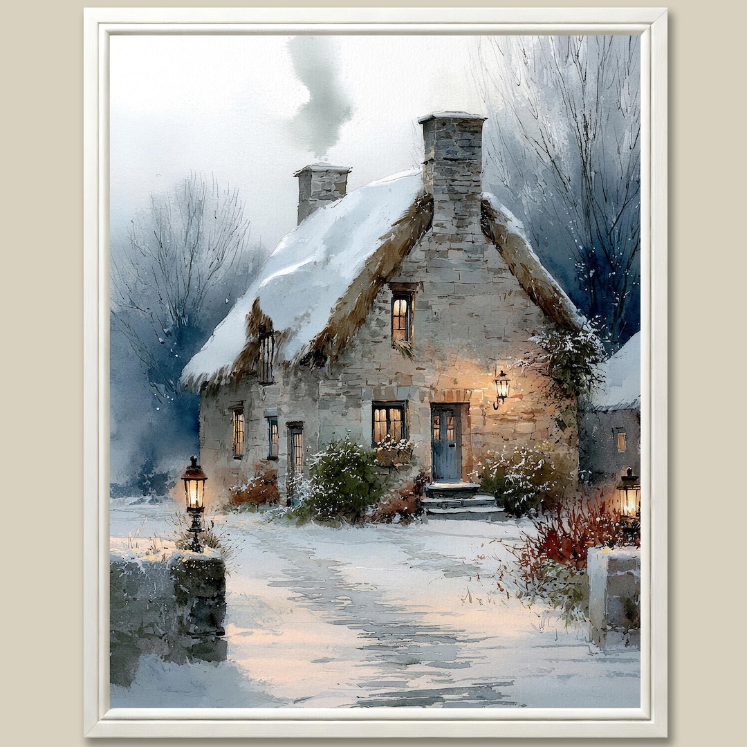 Winter Cotswold Cottage Watercolor Art Print: English Christmas Decor ...