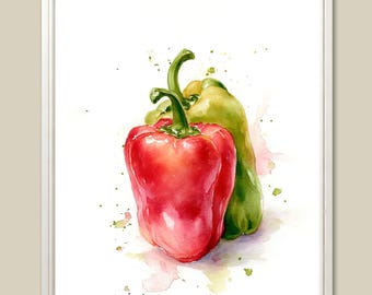 Bell Peppers Watercolor Print: Botanical Kitchen Wall Art