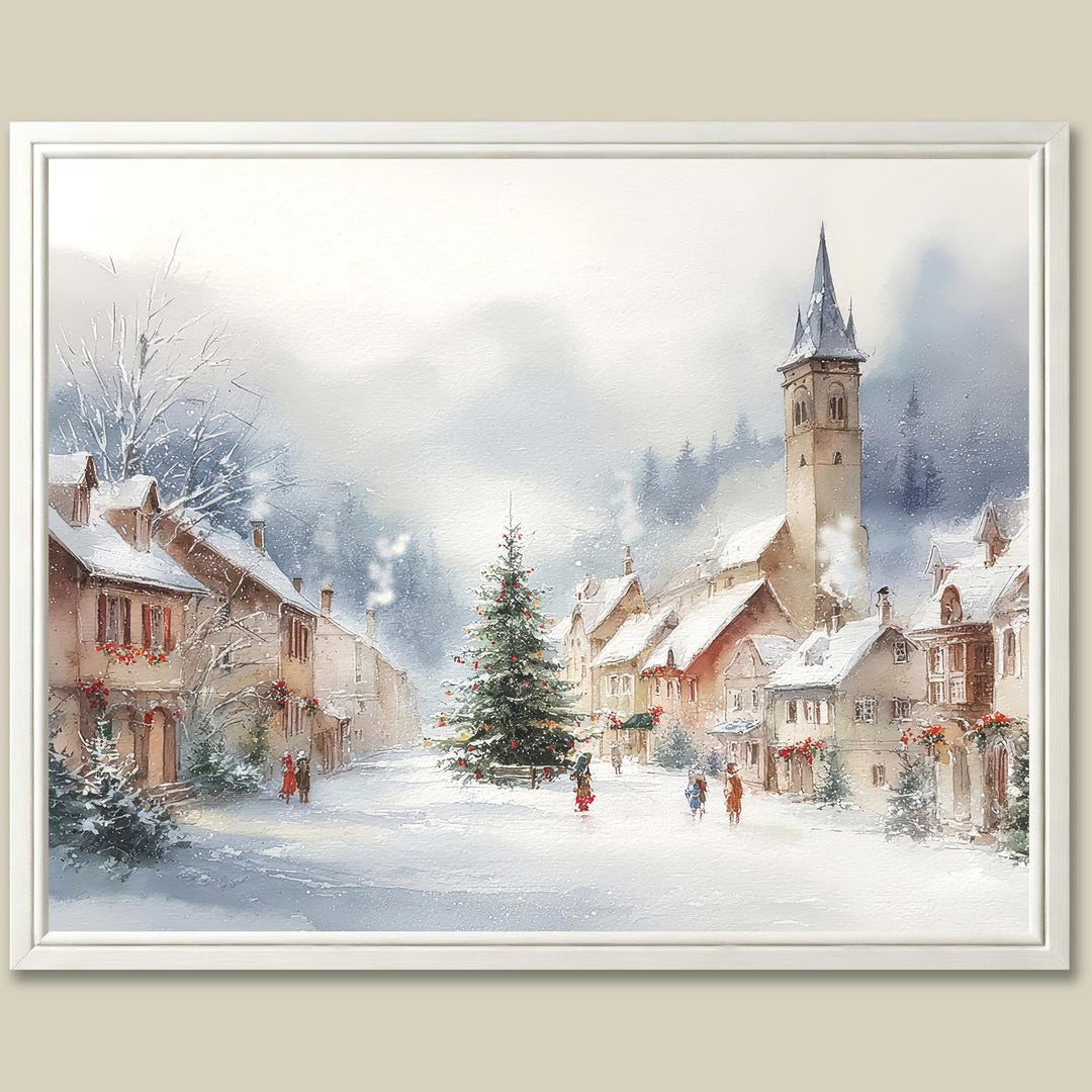 Christmas Village Watercolor Art Print: Snowy Town Square Winter ...