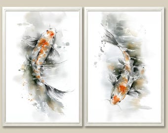 Koi Fish Watercolor Art Print Set: Minimalist Zen Decor