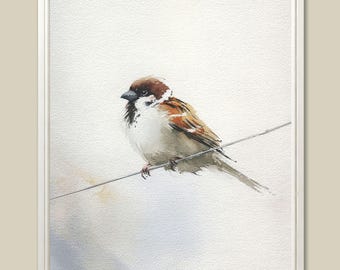 Sparrow Watercolor Art Print: Rustic Bird on Wire, Minimalist Home Decor