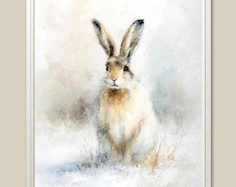 Snow Hare Watercolor Art Print: Minimalist Winter Landscape, Scandinavian Wall Decor