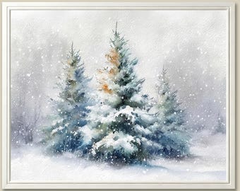 Winter Forest Watercolor Art Print: Snowy Pine Trees, New England Landscape