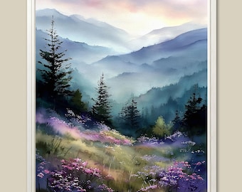Blue Ridge Mountains Watercolor Art Print: Misty Forest Landscape