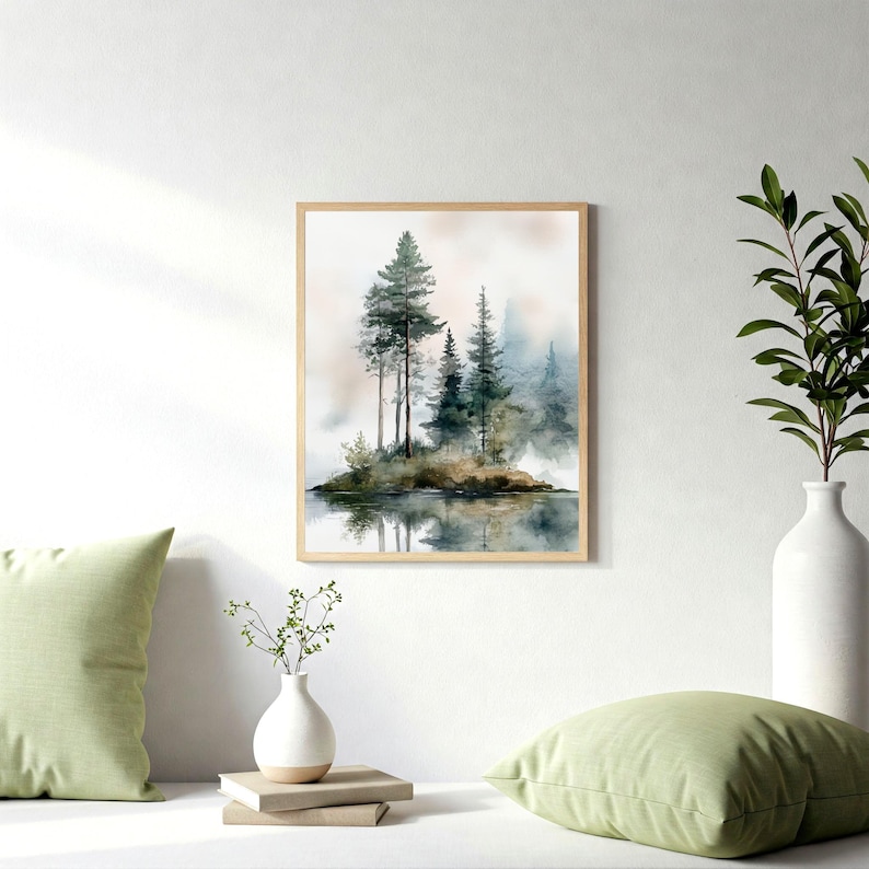 Misty Forest Lake Art Print: Watercolor Pine Tree Landscape image 3