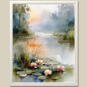 Water Lilies Sunset Watercolor Art Print: Forest Lake, Everglades Landscape