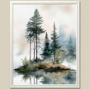 Pine Trees Painting Forest Lake Art Print Watercolor Landscape Wall Art Misty Forest Poster Rustic Wall Decor