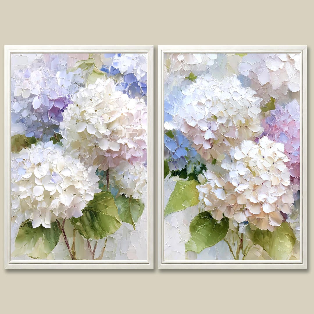 Hydrangea Oil Painting Print Set of 2 Pastel Floral Wall Art Cottage ...