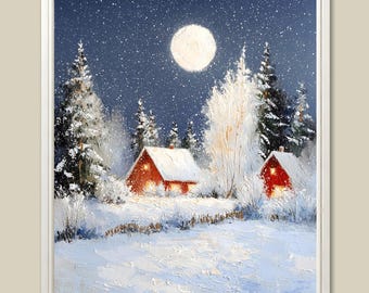 May include: A framed winter landscape painting. Two red houses with lit windows are nestled in a snowy scene, surrounded by snow-covered trees. A full moon shines brightly in the dark blue, starry sky. The artwork is in a white frame.