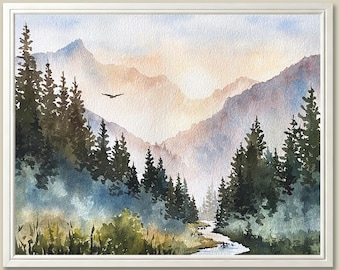 Mountain Forest Sunrise Watercolor Painting: Pine Tree Landscape Art Print