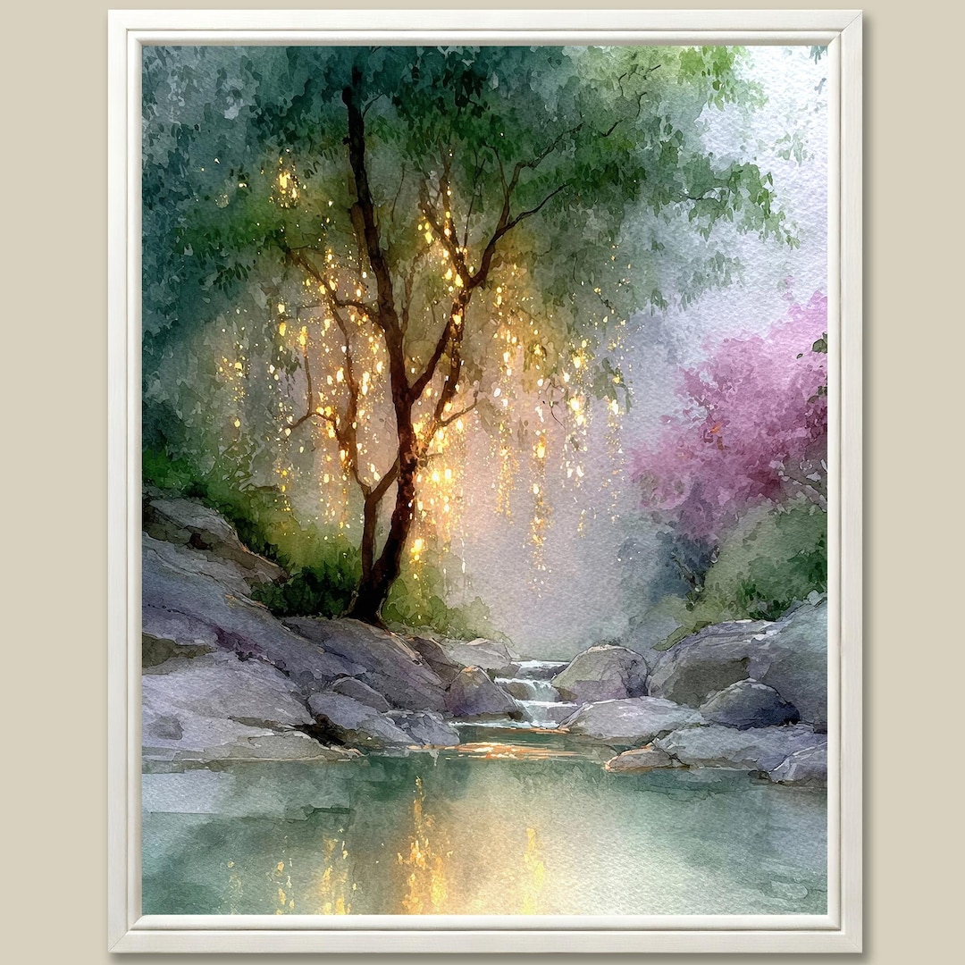 Wisdomtree Watercolor Magical Tree Watercolor Art Print Enchanted Forest Stream Landscape ...