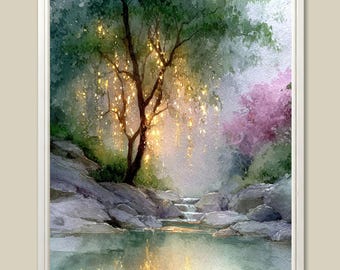 May include: Watercolor painting of a serene landscape with a tree illuminated by golden light. The artwork depicts a stream flowing through rocks, with lush green foliage and a touch of pink in the background. The painting is framed in a white border.
