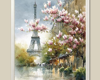 Eiffel Tower Watercolor Art Print: Paris Cityscape with Magnolia Blossoms