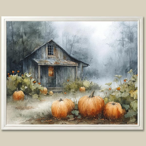 Impression d'art aquarelle citrouille : paysage d'automne de cabane rustique