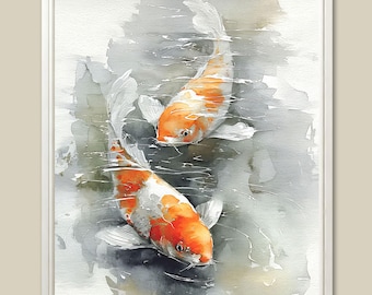 Koi Fish Art Print Pond Watercolor Painting Neutral Minimalist Wall Art Japanese Decor
