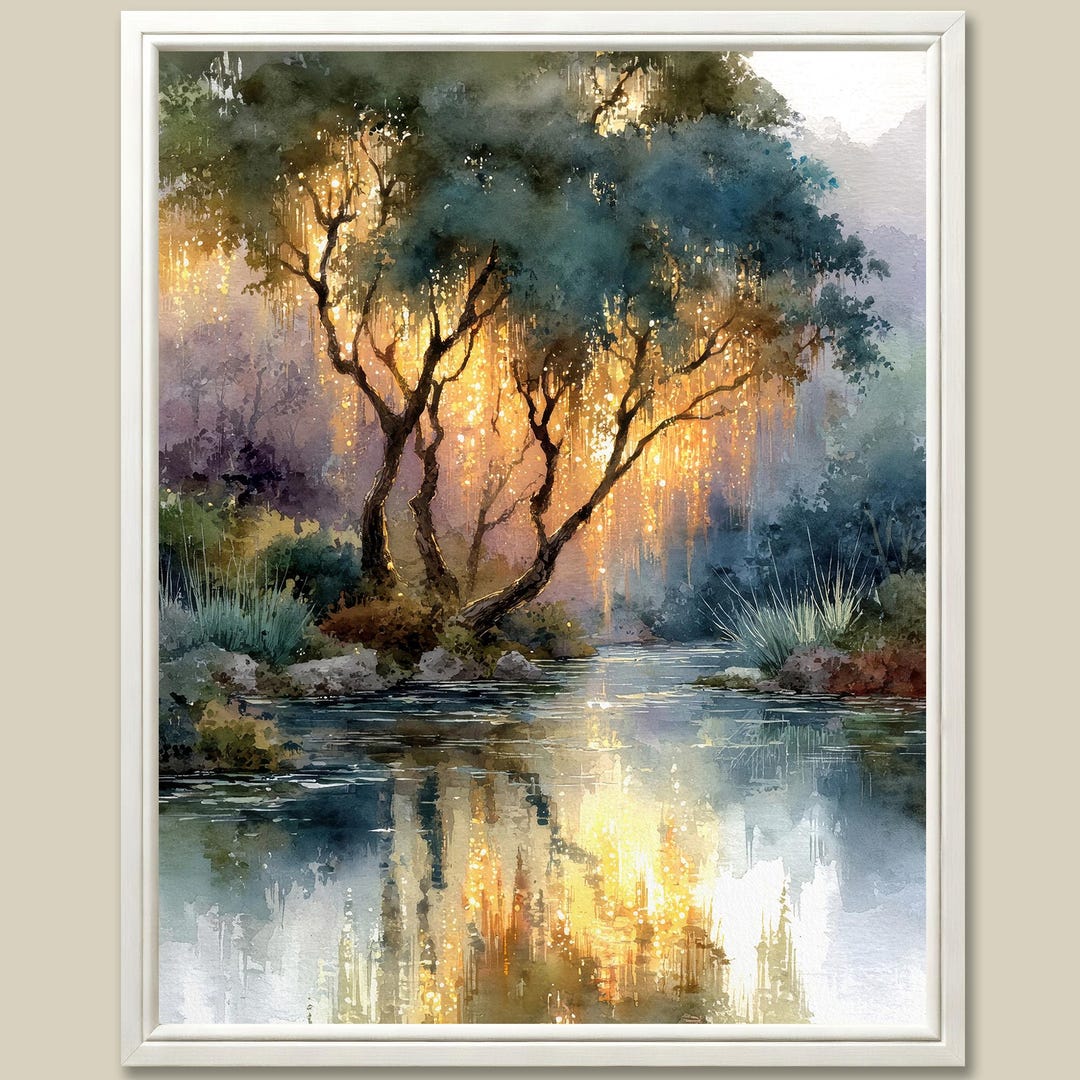 Enchanted Forest River Art Print Glowing Tree Watercolor Painting ...