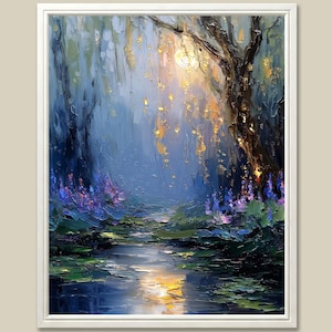 May include: Oil painting of a serene landscape with a reflective body of water. The artwork features a weeping willow tree with golden highlights, purple flowers, and a soft, blue and green color palette. The painting is framed in a white border.
