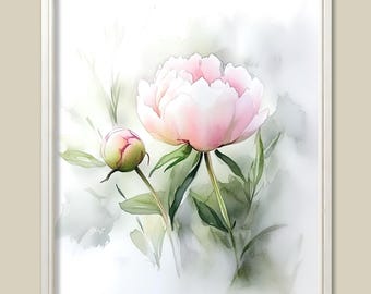 Peony Watercolor Painting: Pink Floral Art Print, Shabby Chic Decor