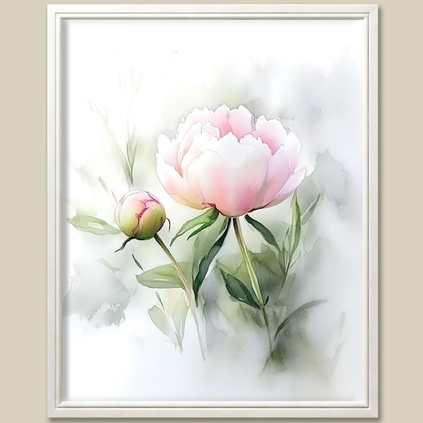 Pintura de acuarela de peonía: impresión floral rosa, decoración shabby chic