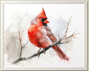 Red Cardinal Watercolor Painting, Winter Bird Art Print