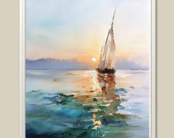 Sailboat Painting Sunset Lake Art Print Seascape Wall Art Nautical Landscape Poster Lake House Wall Decor