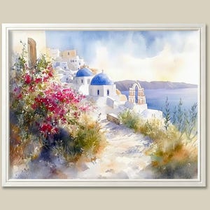 Santorini Watercolor Painting Greek island Architecture Art Print Coastal Path Flowers Wall Art Greece Poster Mediterranean Wall Décor