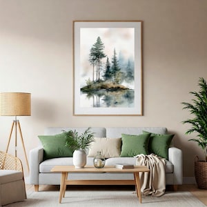 Misty Forest Lake Art Print: Watercolor Pine Tree Landscape image 9
